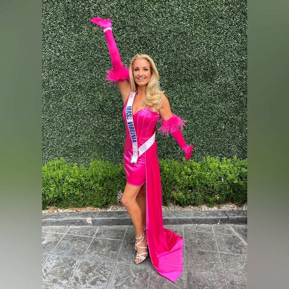 Hot pink cocktail gown with gloves Barbiecore